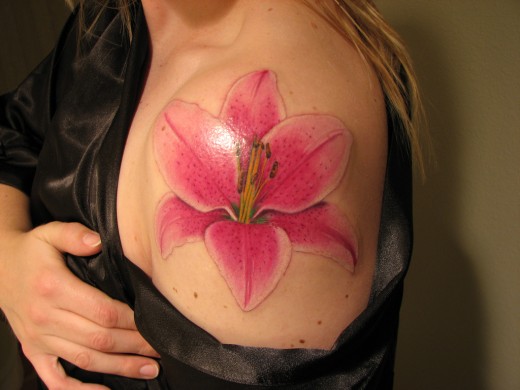 flower tattoos on back of shoulder. Lily Flower Tattoo Shoulder