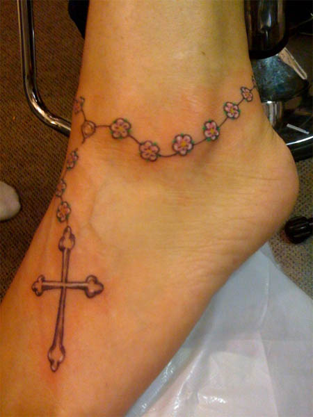 rosary tattos on foot. Girls Rosary Cross Ankle Tattoo Design on Foot