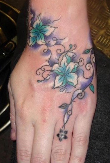 Purple and White Flower Girls Hand Tattoo Ideas